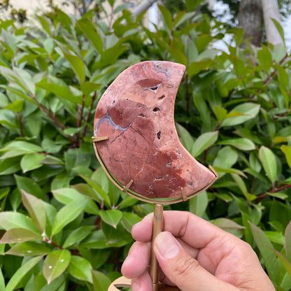 Natural Pink Agate Moon Carving with Stand