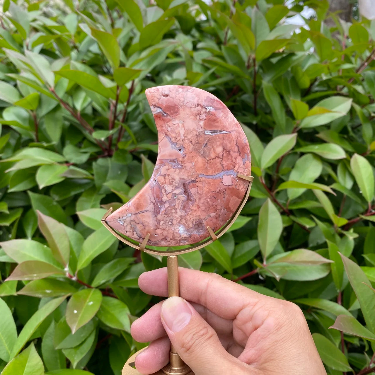 Natural Pink Agate Moon Carving with Stand