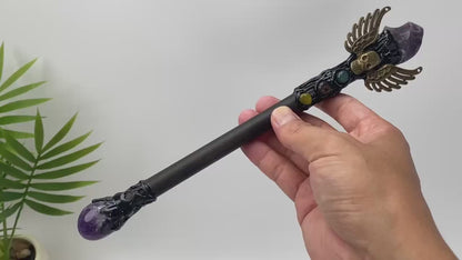 Natural Amethyst Winged Skull Wand Carving