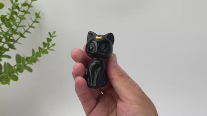 Natural Obsidian Gold-Crescent Cat Carving