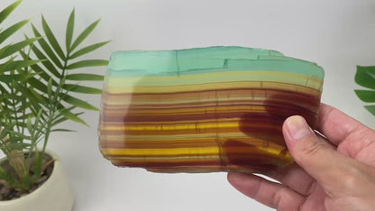 Natural Rainbow Fluorite Slice – Green and Amber Banded Slice with Stand