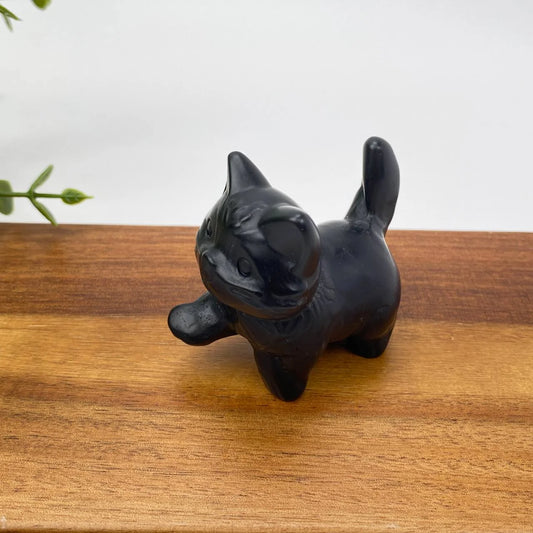 Natural Obsidian Raised-Tail Cat Carving