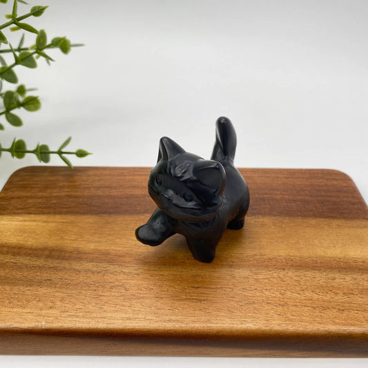 Natural Obsidian Raised-Tail Cat Carving