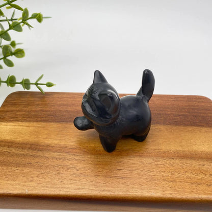 Natural Obsidian Raised-Tail Cat Carving