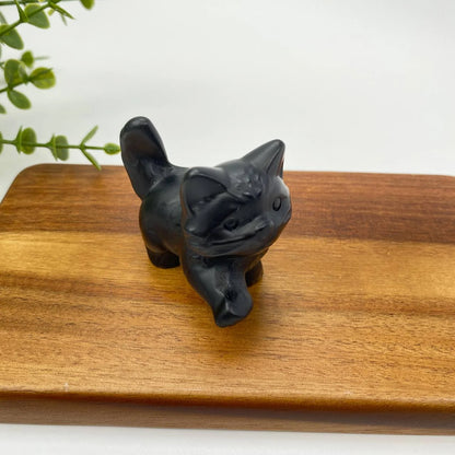 Natural Obsidian Raised-Tail Cat Carving