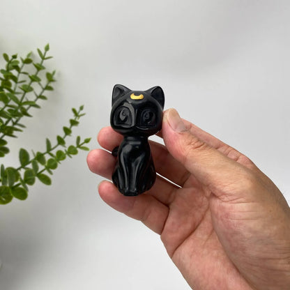 Natural Obsidian Gold-Crescent Cat Carving