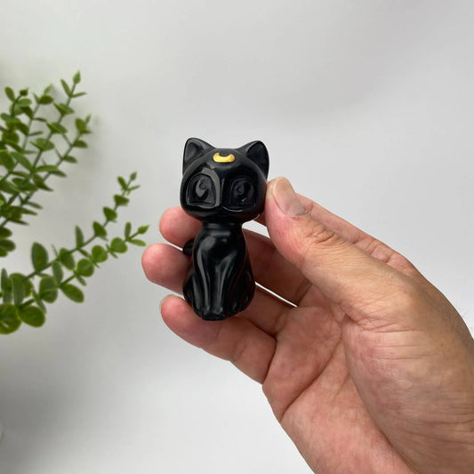 Natural Obsidian Gold-Crescent Cat Carving