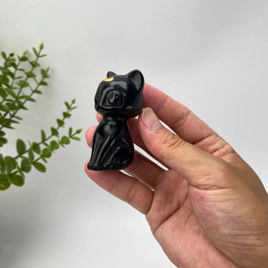 Natural Obsidian Gold-Crescent Cat Carving