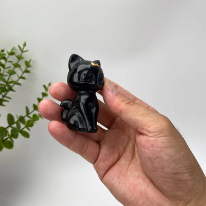 Natural Obsidian Gold-Crescent Cat Carving