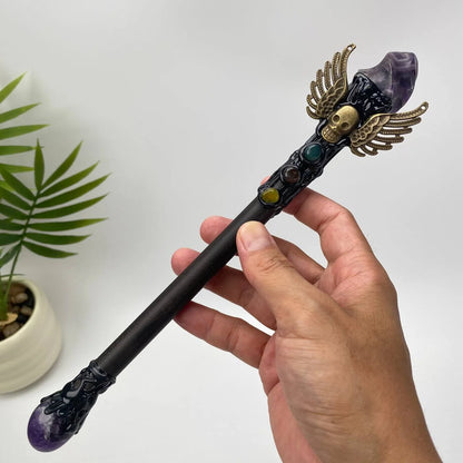 Natural Amethyst Winged Skull Wand Carving