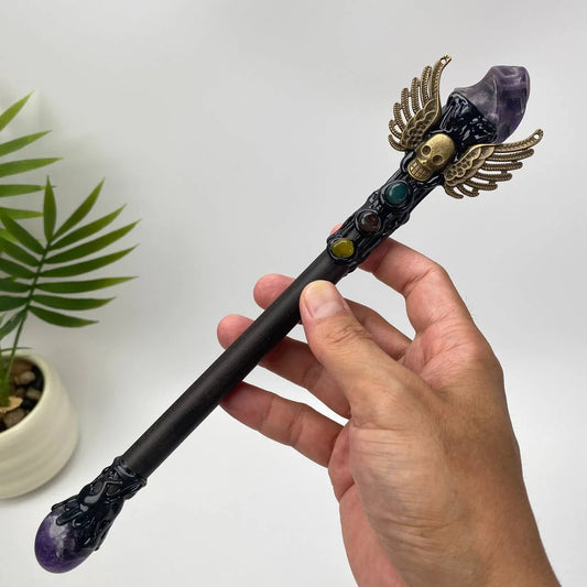 Natural Amethyst Winged Skull Wand Carving