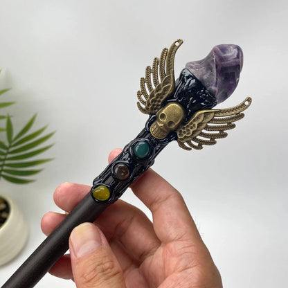 Natural Amethyst Winged Skull Wand Carving