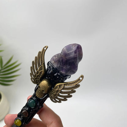 Natural Amethyst Winged Skull Wand Carving