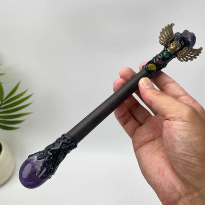 Natural Amethyst Winged Skull Wand Carving
