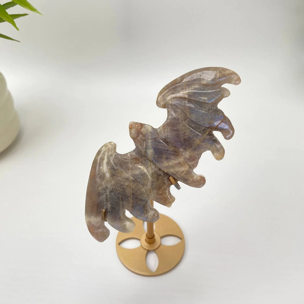 Natural Blue Adularescence Moonstone Bat with Stand