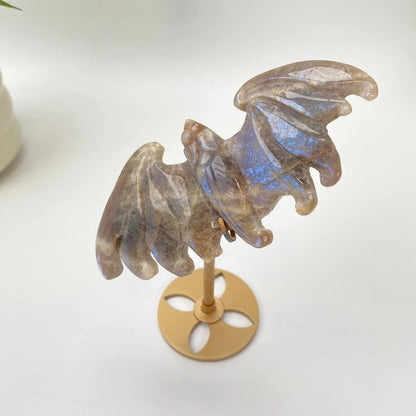 Natural Blue Adularescence Moonstone Bat with Stand