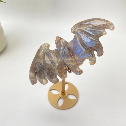 Natural Blue Adularescence Moonstone Bat with Stand