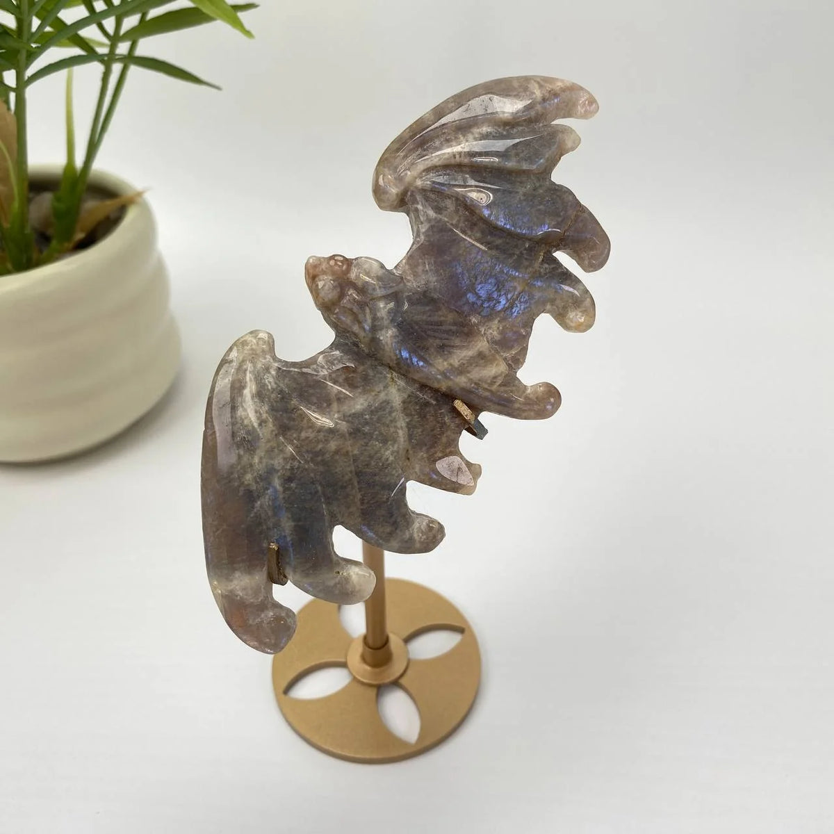 Natural Blue Adularescence Moonstone Bat with Stand