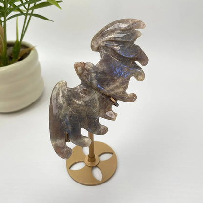 Natural Blue Adularescence Moonstone Bat with Stand