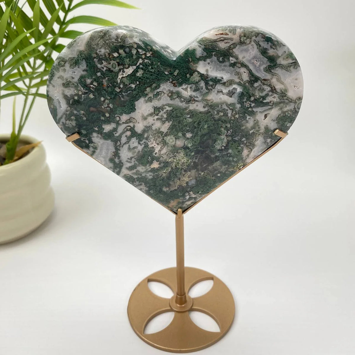 Natural Moss Agate Heart with Stand