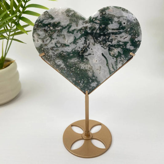 Natural Moss Agate Heart with Stand