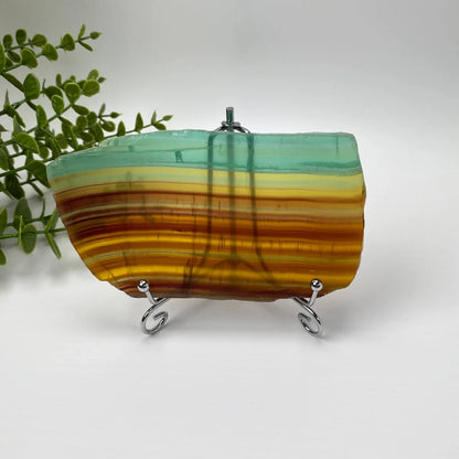 Natural Rainbow Fluorite Slice – Green and Amber Banded Slice with Stand