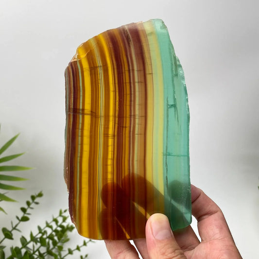 Natural Rainbow Fluorite Slice – Green and Amber Banded Slice with Stand