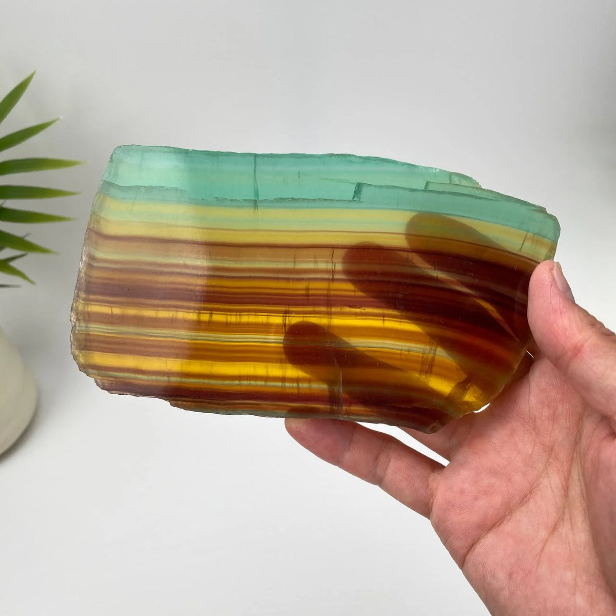 Natural Rainbow Fluorite Slice – Green and Amber Banded Slice with Stand