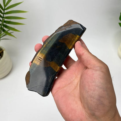 Natural Yellow-Blue Tiger Eye Slice – Black and Gold Striped Slice with Stand