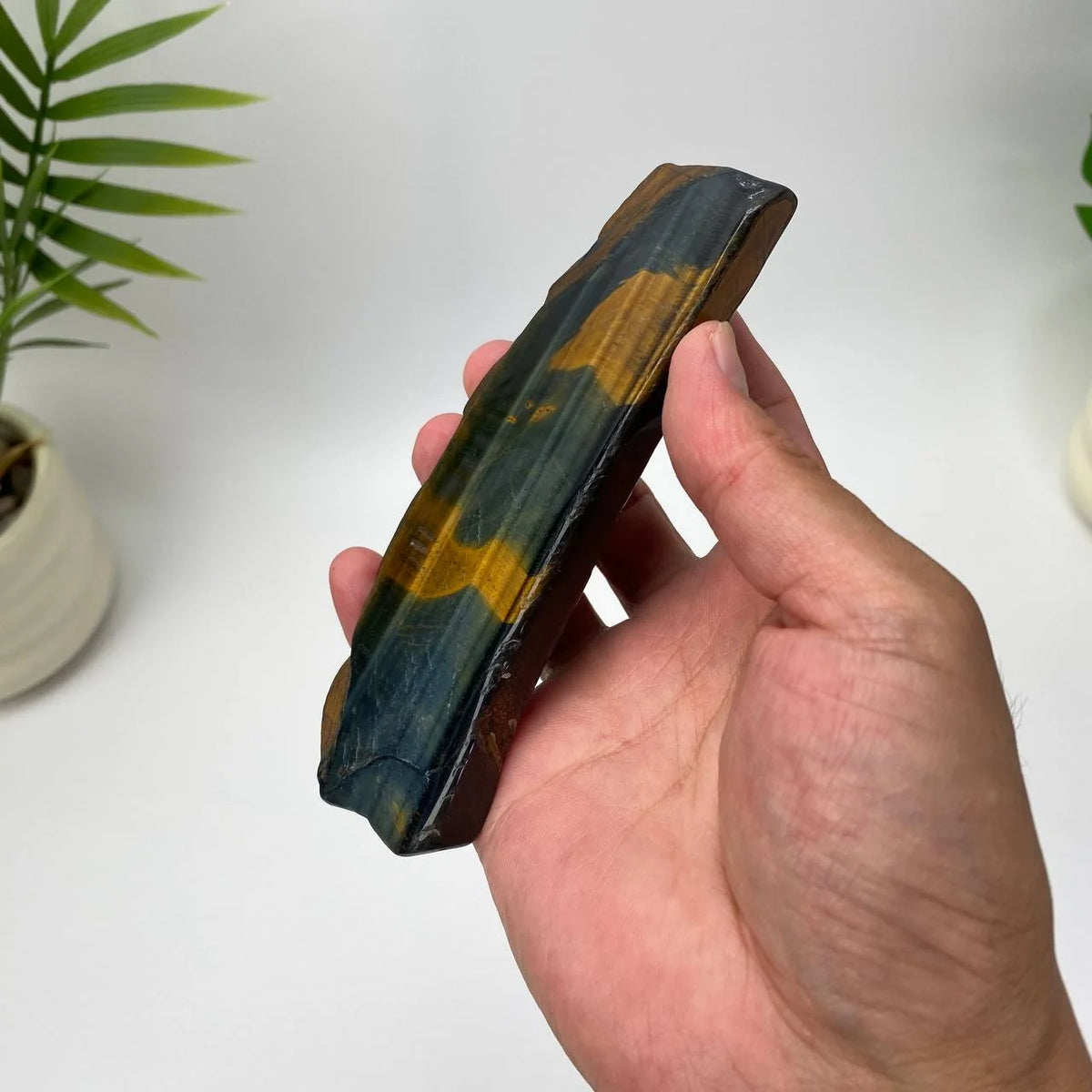 Natural Yellow-Blue Tiger Eye Slice – Black and Gold Striped Slice with Stand