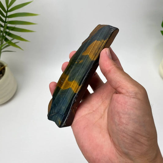 Natural Yellow-Blue Tiger Eye Slice – Black and Gold Striped Slice with Stand