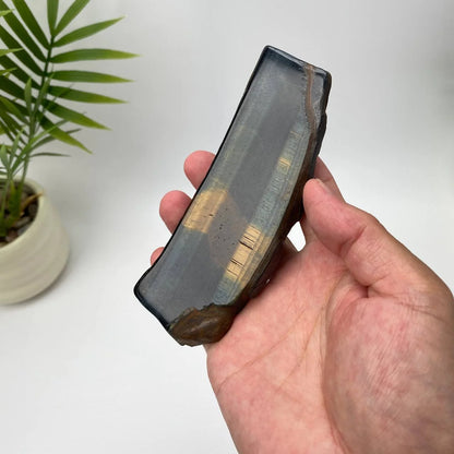 Natural Yellow-Blue Tiger Eye Slice – Black and Gold Striped Slice with Stand