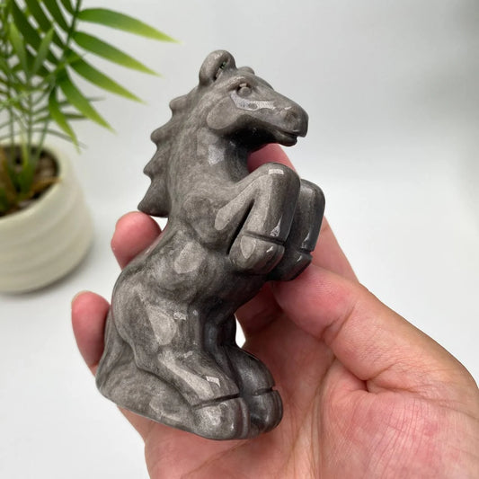 Natural Silver Sheen Obsidian Horse Carving