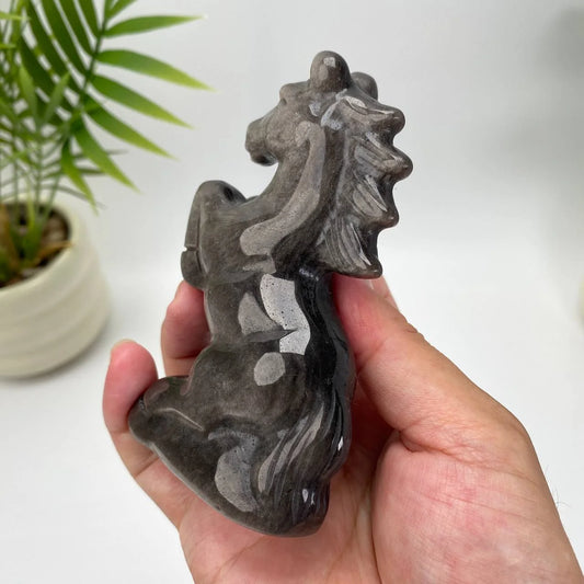 Natural Silver Sheen Obsidian Horse Carving