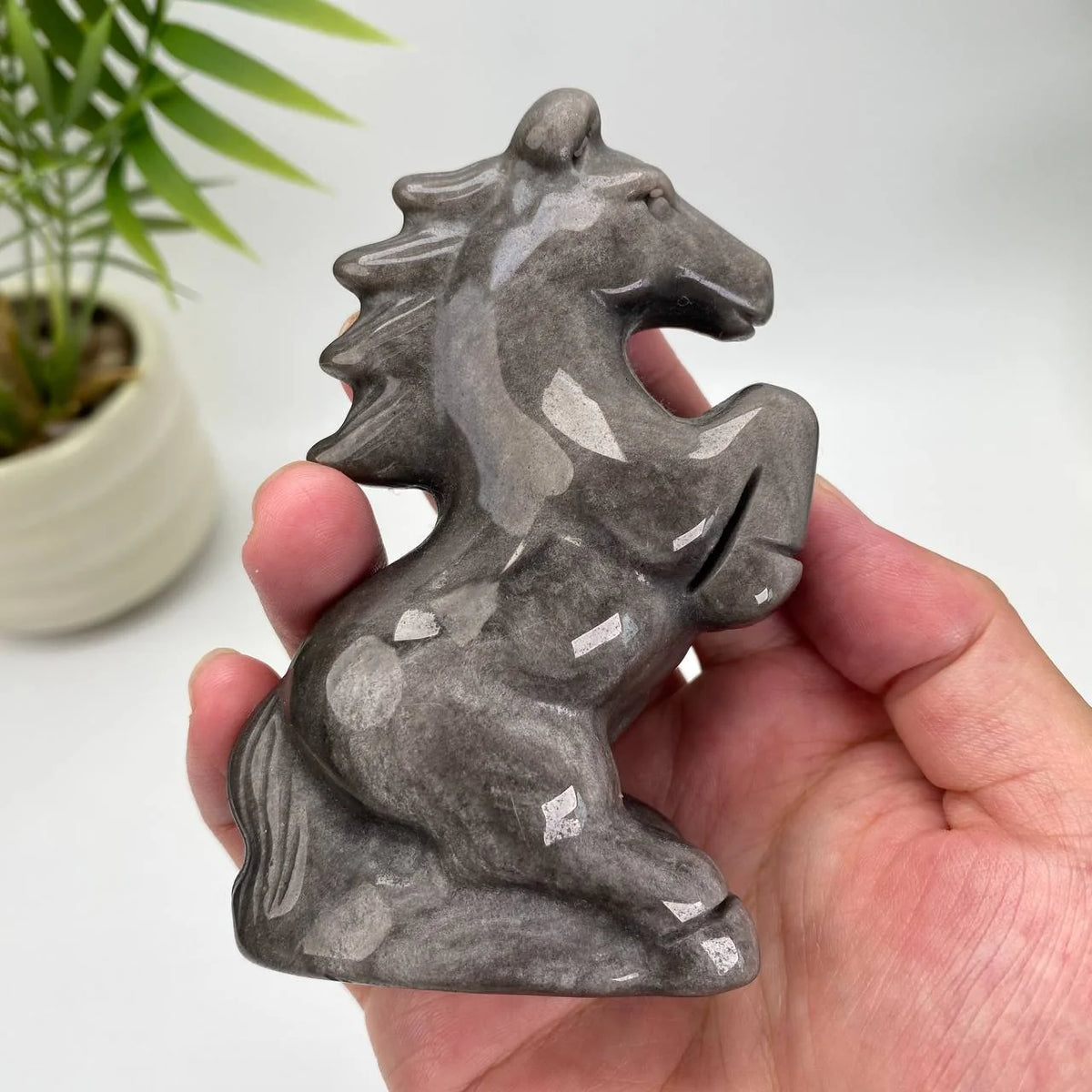 Natural Silver Sheen Obsidian Horse Carving