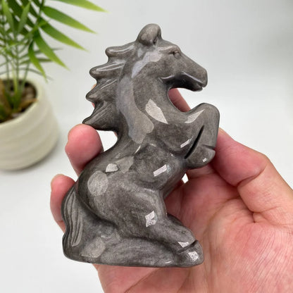 Natural Silver Sheen Obsidian Horse Carving