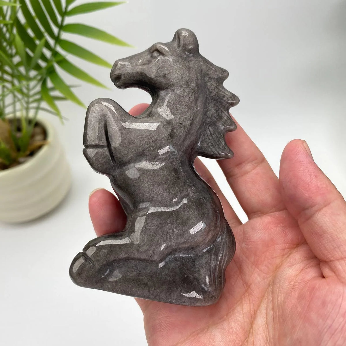 Natural Silver Sheen Obsidian Horse Carving