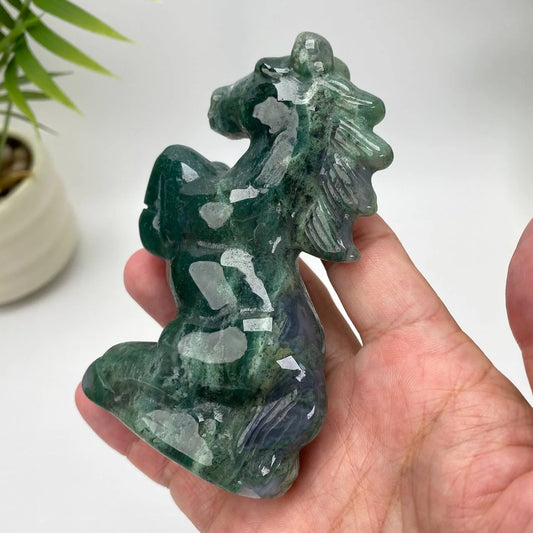 Natural Moss Agate Horse Carving