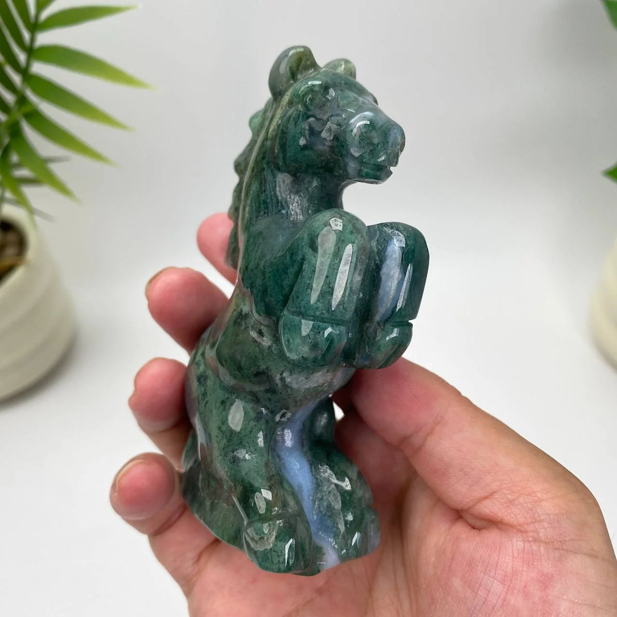 Natural Moss Agate Horse Carving