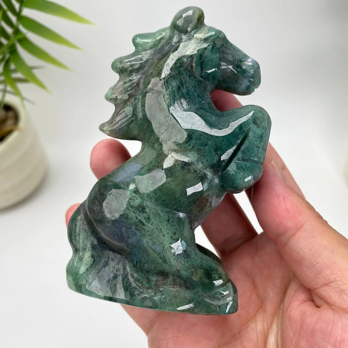 Natural Moss Agate Horse Carving