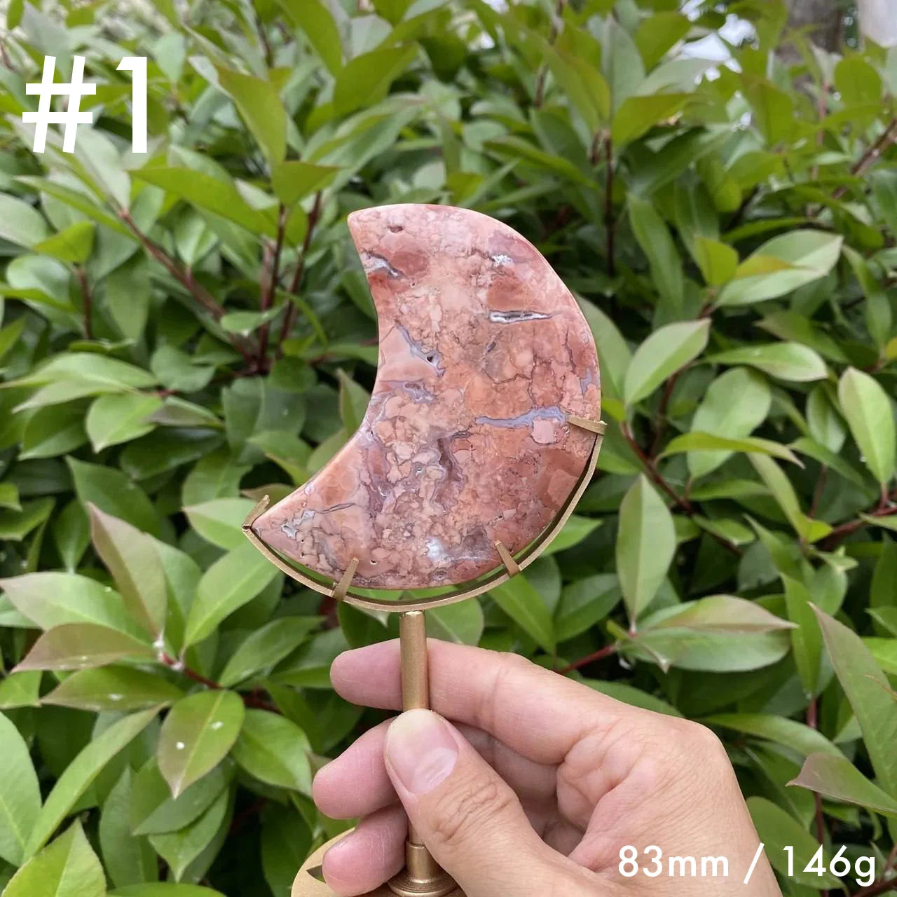 Natural Pink Agate Moon Carving with Stand