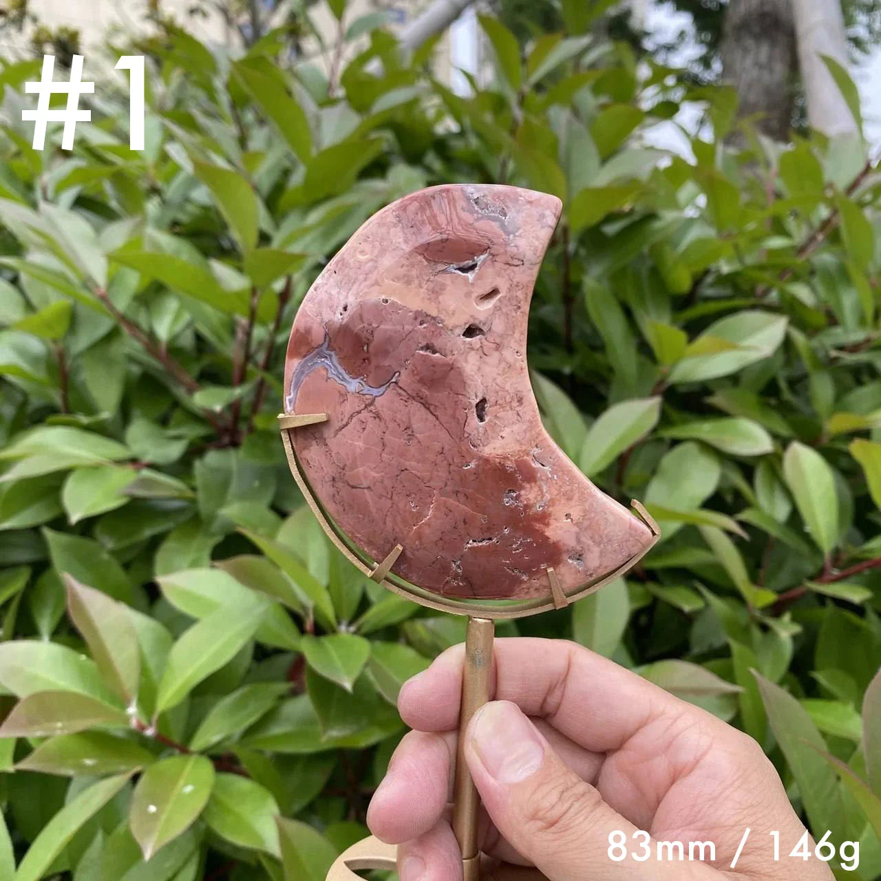 Natural Pink Agate Moon Carving with Stand