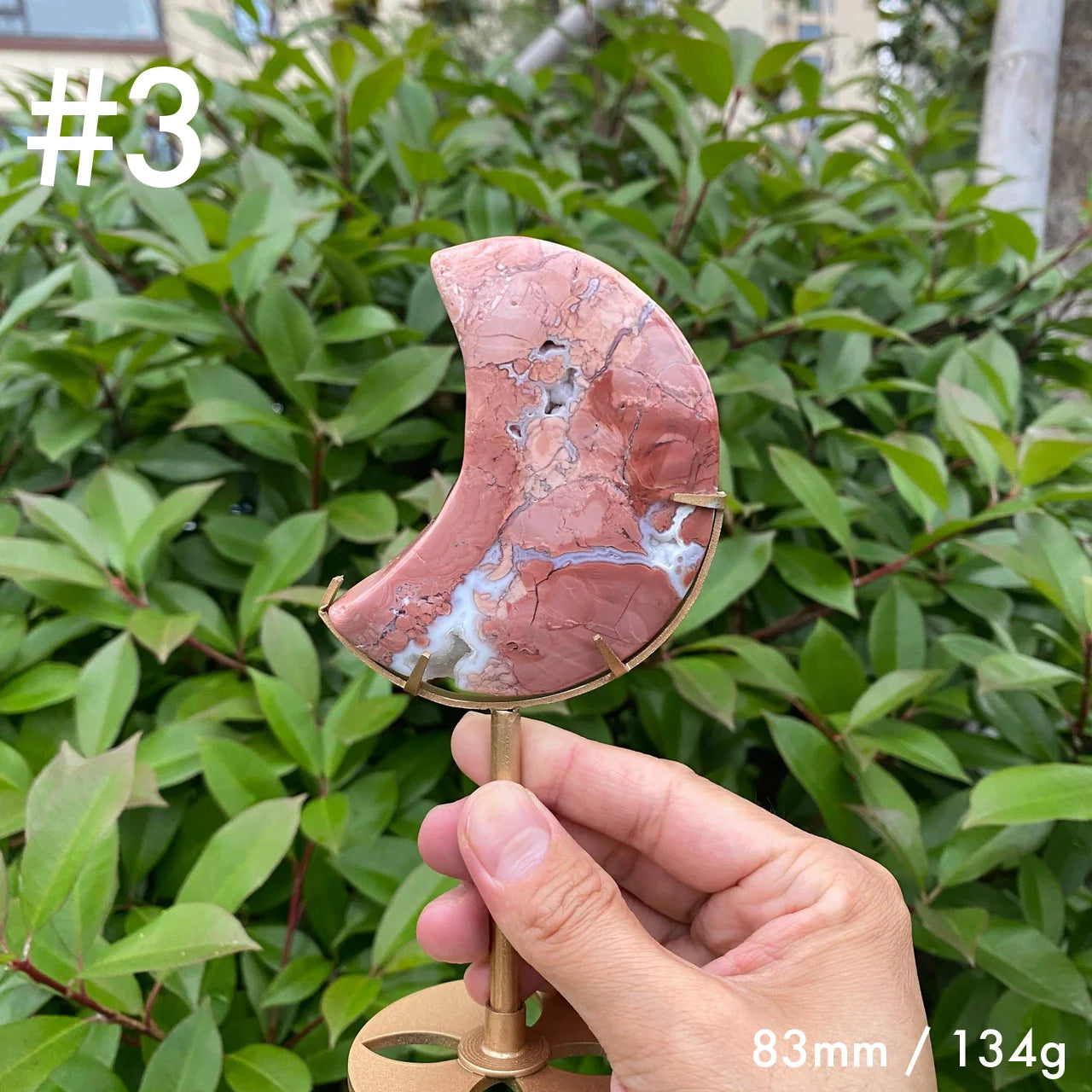 Natural Pink Agate Moon Carving with Stand
