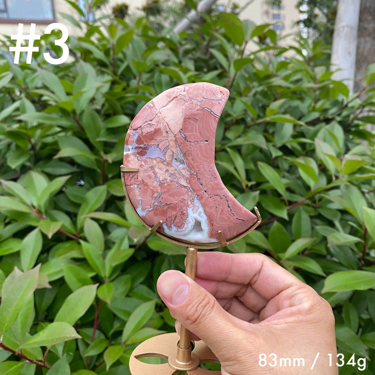 Natural Pink Agate Moon Carving with Stand