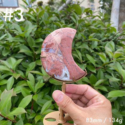 Natural Pink Agate Moon Carving with Stand