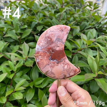 Natural Pink Agate Moon Carving with Stand